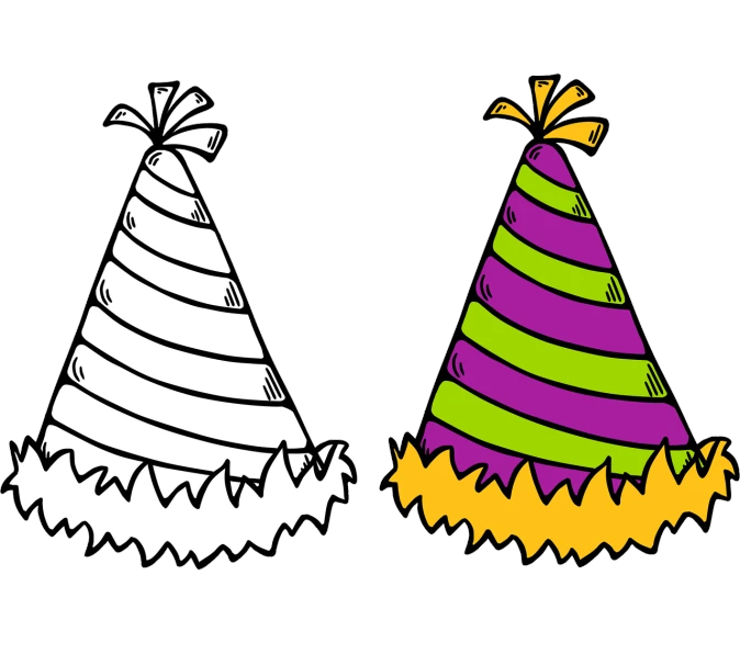 a couple of party hats sitting next to each other, inspired by Bernd Fasching, pixabay, pop art, coloring book outline, with a black background, striped, party at midnight