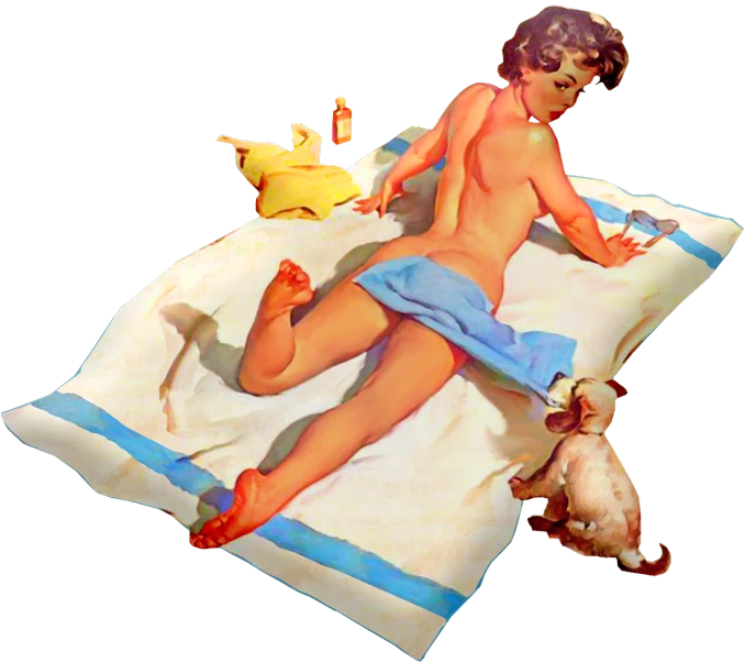 a painting of a naked woman laying on a towel, by Robert Peak, magic realism, norman rockwell. detailed, render naughty dog, cute boy, duck