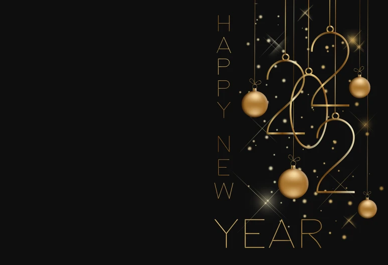 a black and gold happy new year card with ornaments, a digital rendering, 2 meters, golden ratio background, high - res, subtle detailing