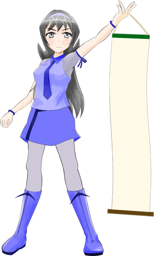 a girl in a school uniform holding a sign, concept art, inspired by Rei Kamoi, conceptual art, long hair blue centred, glamorous angewoman digimon, made in paint tool sai2, full_body!!