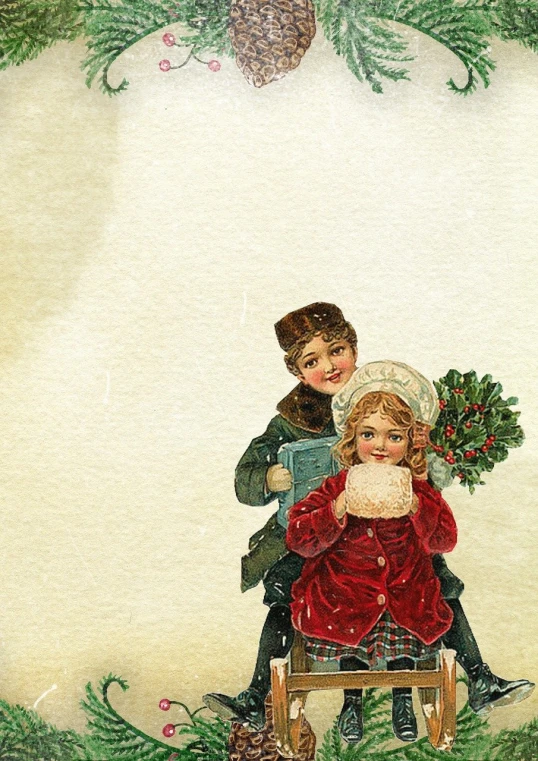 a couple of kids sitting on top of a wooden sled, by Elizabeth Shippen Green, pixabay, holding gift, closeup - view, cotton, photostock