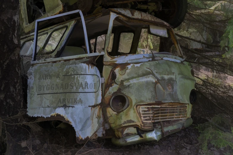 an old rusted out car sitting under a tree, auto-destructive art, anato finnstark. front view, in the hillside, tourist photo, close-up view