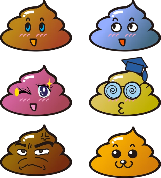 a bunch of different colored poop faces on a black background, !!! very coherent!!! vector art, :6, smokey, japanese cartoon style