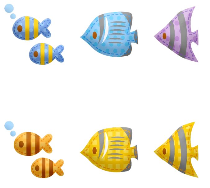 a group of different colored fish on a black background, an illustration of, mingei, game design asset pack, adult pair of twins, 8k!!, bee