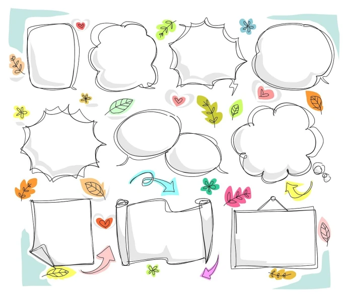 a drawing of a bunch of speech bubbles, lineart, shutterstock, beautiful frames, leaves and simple cloth, template sheet, high quality]