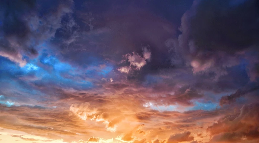 a couple of cows standing on top of a lush green field, a picture, romanticism, dramatic sunset nebula, background full of stormy clouds, sunset panorama, strong blue and orange colors