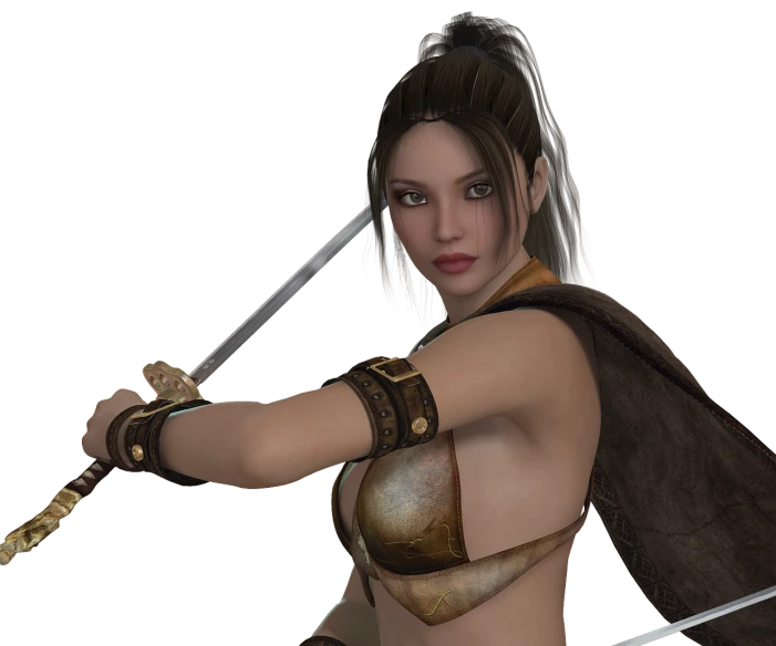 a close up of a person with a sword, inspired by Luis Royo, Artstation contest winner, modeled in poser, she is ready to fight, video game avatar, casual pose