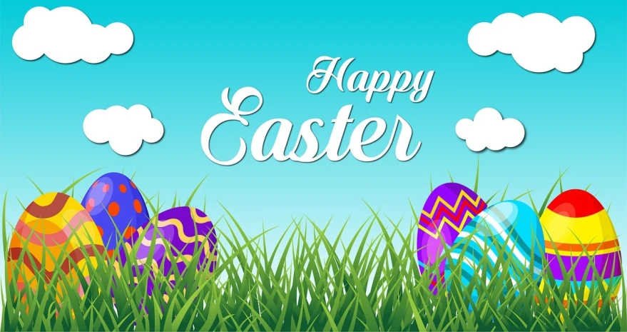 an easter card with colorful eggs in the grass, a picture, by Harriet Zeitlin, shutterstock, digital banner, vector, background image, vr