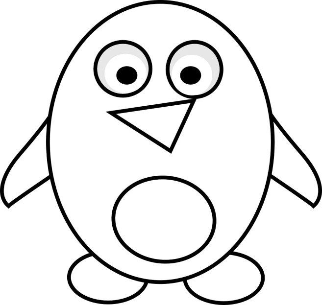a black and white penguin with big eyes, vector art, by Andrei Kolkoutine, pixabay, digital art, coloring book outline, white on black, flat triangle - shaped head, piggy