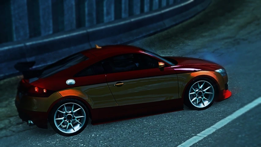 a red sports car parked on the side of a road, a screenshot, inspired by Hendrick Cornelisz Vroom, vanitas, side lighting xf iq4, blue and orange rim lights, ! low contrast!, impossibly detailed