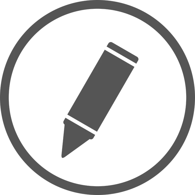 a pencil in a circle on a black background, a drawing, pixabay, app icon, gray, black marker, overview