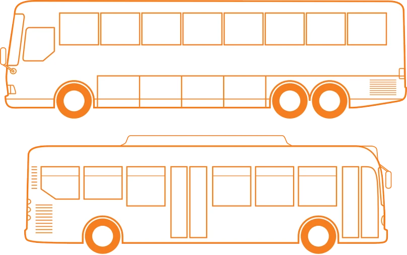 two buses side by side on a white background, digital art, orange line, plan, orange and white color scheme, bold lineart