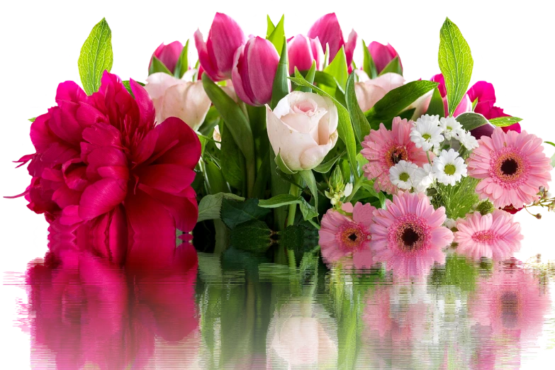a group of vases filled with pink and white flowers, a picture, by Zahari Zograf, image full of reflections, stunning screensaver, roses and tulips, full device