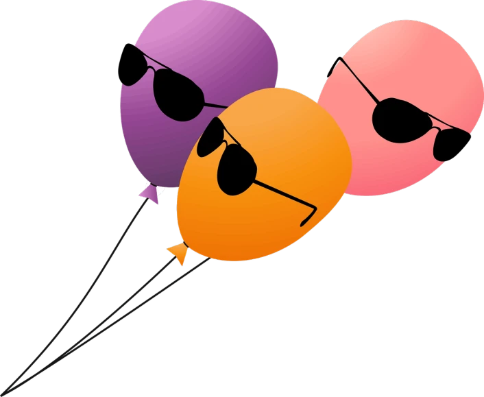 a couple of balloons with sunglasses on them, by Melissa A. Benson, pixabay, figuration libre, black backround. inkscape, deep purple and orange, three birds flying around it, aviators