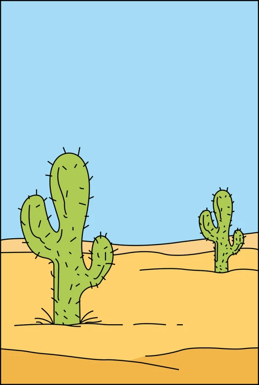 a cactus plant in the middle of a desert, an illustration of, inspired by Michael Deforge, naive art, vector line art, lucky luke, wide establishing shot, twins