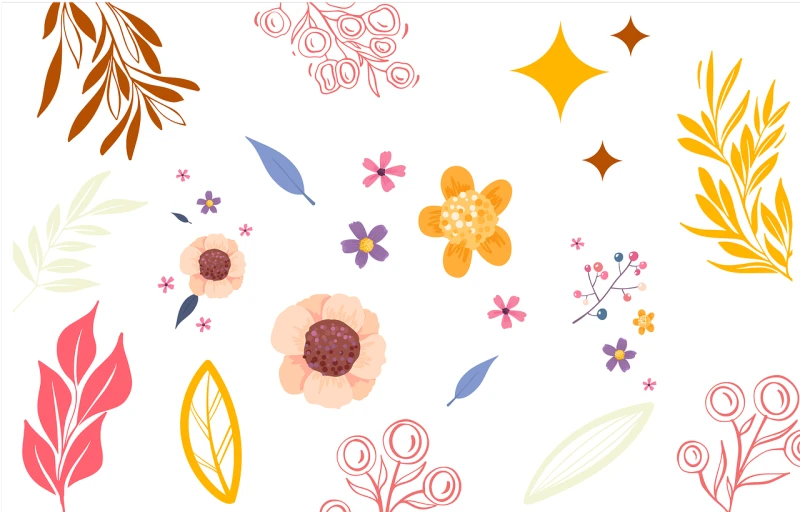 a bunch of different colored flowers on a white background, inspired by Katsushika Ōi, 🍂 cute, stars and paisley filled sky, background image, wind blows the leaves