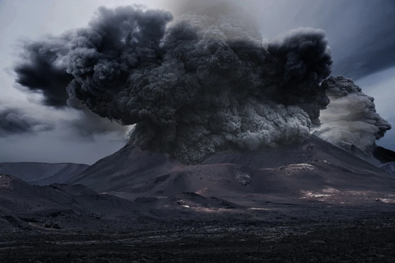 a volcano spewing black smoke into the sky, by Jan Kupecký, digital art, nadav kander, mount doom, big explosion, nicolas delort