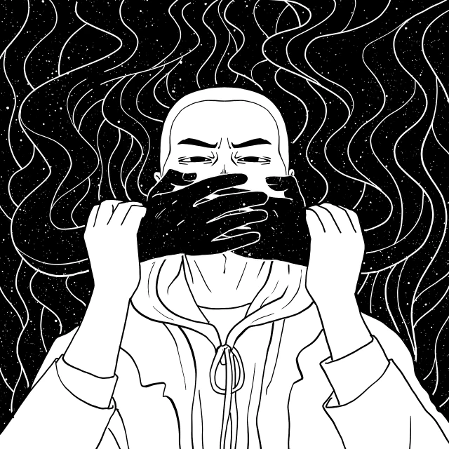 a black and white drawing of a man covering his face with his hands, tumblr, happening, stylized linework, smoke around her, vectorial, holding a galaxy