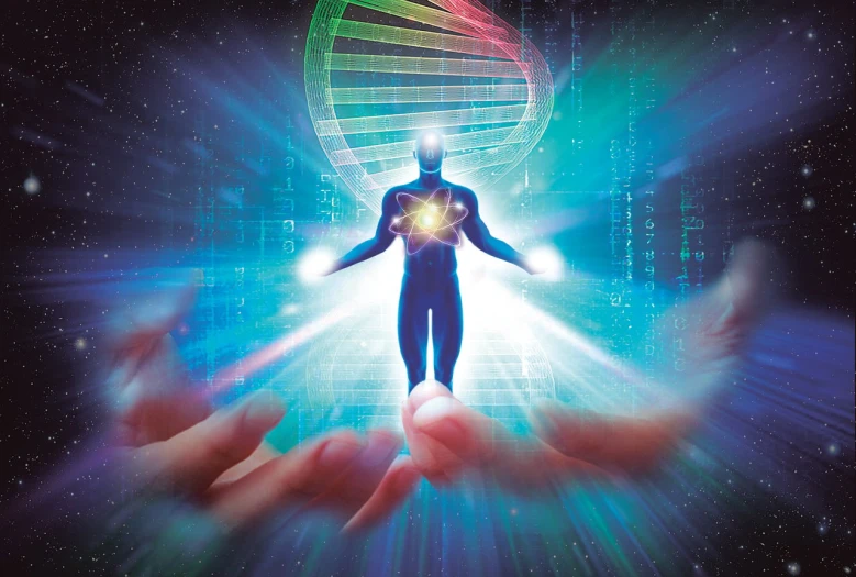 a man that is standing in the middle of some hands, shutterstock, holography, dna strands, chakra diagram, image, cg art