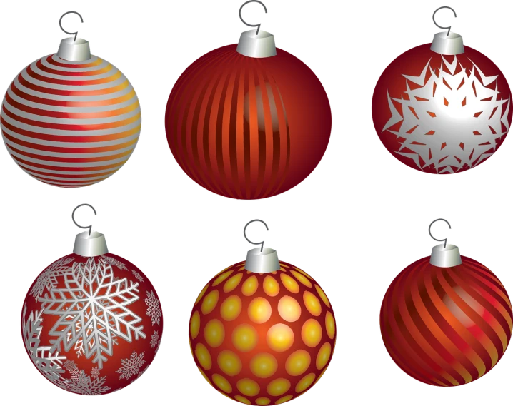 a set of six christmas ornaments on a black background, vector art, process art, high res, orange red black white, raytracting, vector graphics