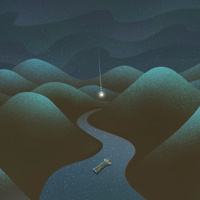 a car driving down a winding road at night, behance contest winner, digital art, river flowing beside the robot, star map, editorial illustration, long view