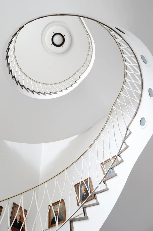 a spiral staircase leading to a second floor, a portrait, inspired by Anna Füssli, minimalism, gleaming white, bright thin wires, biedermeier, round design