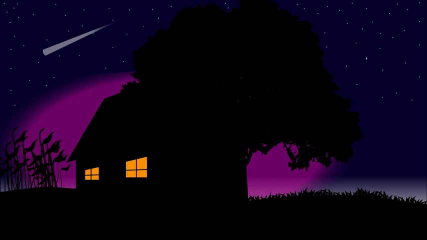 a silhouette of a house with a full moon in the background, a digital painting, deviantart contest winner, drawn in microsoft paint, silhouette :7, banner, farm