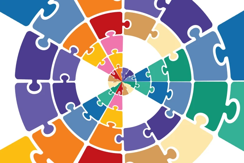 a clock sitting in the middle of a circle of puzzle pieces, inspired by Johannes Itten, rainbow color scheme, created in adobe illustrator, sprial, color chart