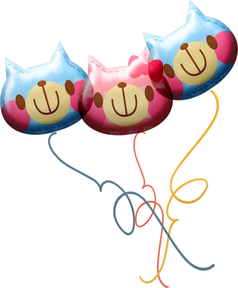 a bunch of balloons with a cat face on them, a digital rendering, sōsaku hanga, strings, pink and blue colour, [[[[grinning evily]]]], three heads