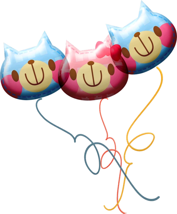 a bunch of balloons with a cat face on them, a digital rendering, sōsaku hanga, strings, pink and blue colour, [[[[grinning evily]]]], three heads