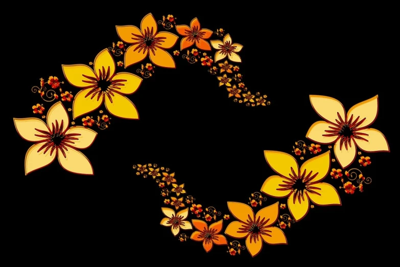 a wreath of yellow flowers on a black background, vector art, digital art, yellow and orange color scheme, artistic 4 k, wide screenshot, batik