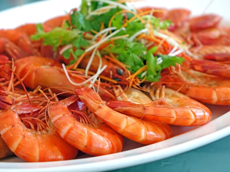 a close up of a plate of shrimp on a table, by Lisa Nankivil, trending on pixabay, hurufiyya, sichuan, 64x64, avatar image, fine china