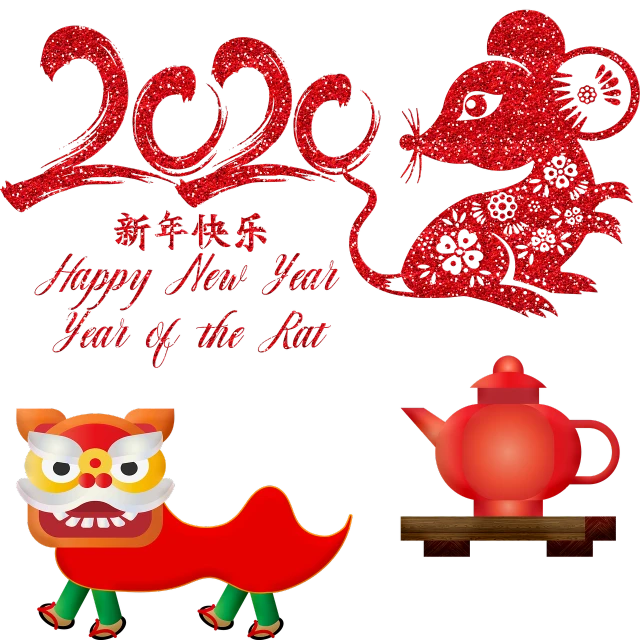 a chinese new year card with a cat and a teapot, an illustration of, pixabay, glitter, with a black background, mouse photo, an illustration