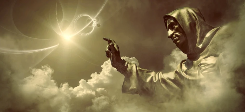 a statue of a man holding something in his hand, by Alexander Kucharsky, digital art, sepia sun, descending from the heavens, picture of a male cleric, afrofuturism style