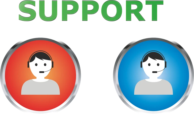 a sign that says support and a picture of a man with a headset, computer art, 2 colors, wikihow illustration, round-cropped, online casino logo