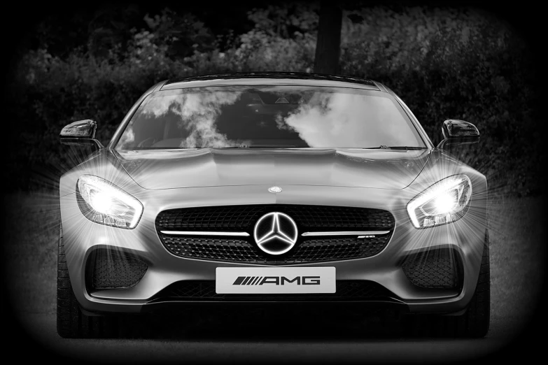 a black and white photo of a mercedes car, a picture, trending on pixabay, fine art, amoled wallpaper, dmt imagery. octane render, selective color effect, front portrait