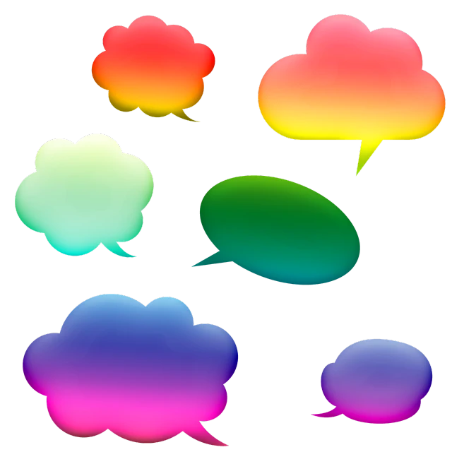 a group of colorful speech bubbles on a black background, a digital rendering, by David Martin, with gradients, (((colorful clouds))), black backround. inkscape, thumbnail