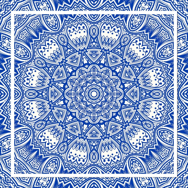 a blue and white floral design in a square frame, inspired by Yves Klein, trending on shutterstock, arabesque, colorful bandana, symmetrical tarot illustration, intricate details illustration, intricate ”