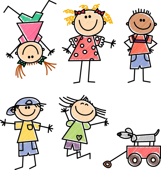 a group of children standing next to each other, a child's drawing, naive art, black background!!!!!, toy design, clipart, pictographs