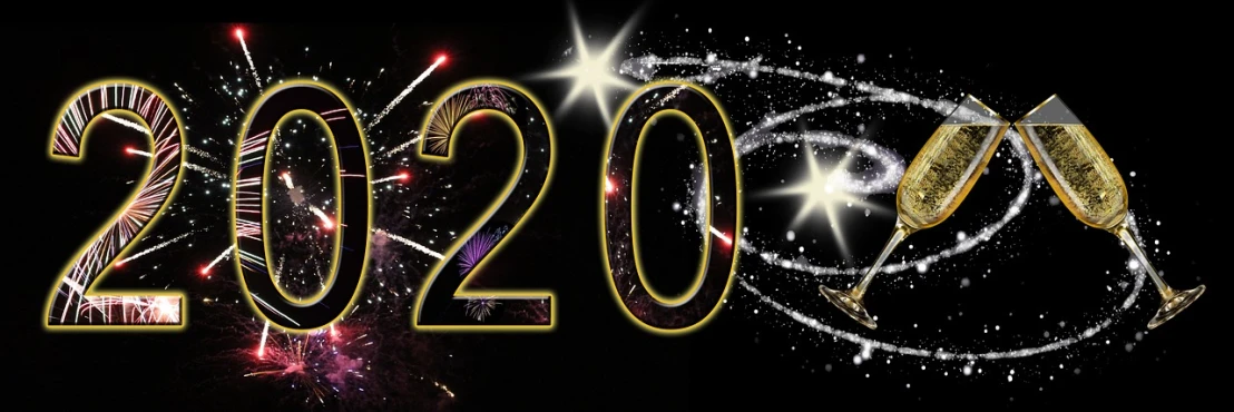 a sign that says 2020 with fireworks in the background, by Jan Zrzavý, pixabay, happening, glittering stars scattered about, 2014, banner, 2 0 years old