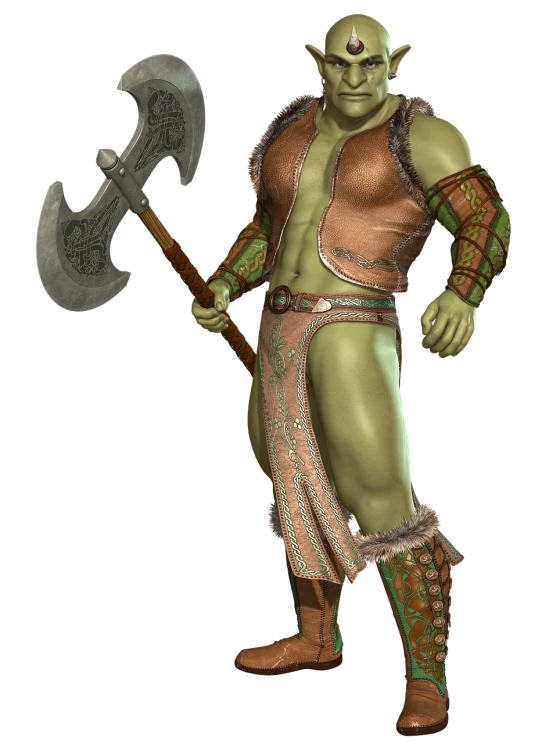 a man with a large axe standing in front of a black background, a digital rendering, inspired by Alexander Fedosav, fantasy art, green orc female, bronze skinned, mark schultz, green skin with scales