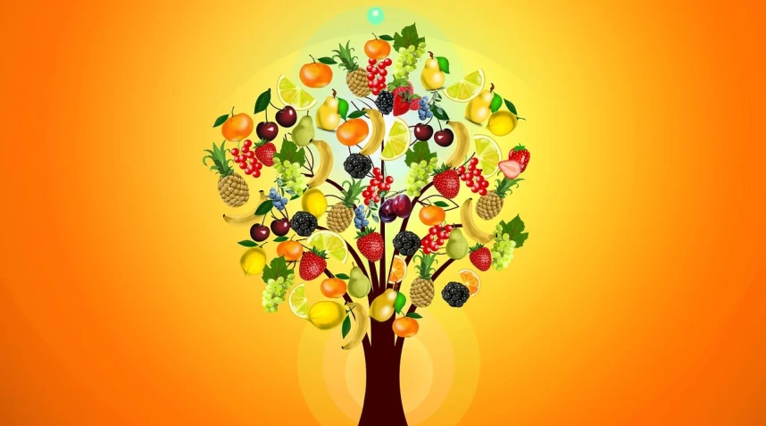 a tree filled with lots of different types of fruit, vector art, figuration libre, very luminous design, !!! very coherent!!! vector art, juice, profile pic