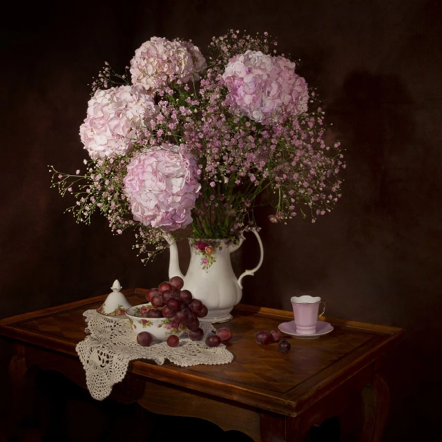 a vase of flowers and grapes on a table, shutterstock contest winner, baroque, svetlana belyaeva, gypsophila, tea party, tim hildebrant