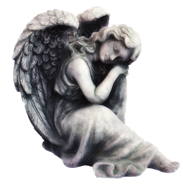a close up of a statue of an angel, a statue, by Marie Angel, airbrush render, asleep, with a black dark background, large wings on back