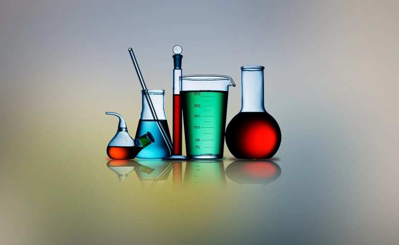 a group of glassware sitting on top of a table, an illustration of, by Dietmar Damerau, shutterstock, beakers of colored liquid, highly detailed product photo, modern high sharpness photo, green blue red colors