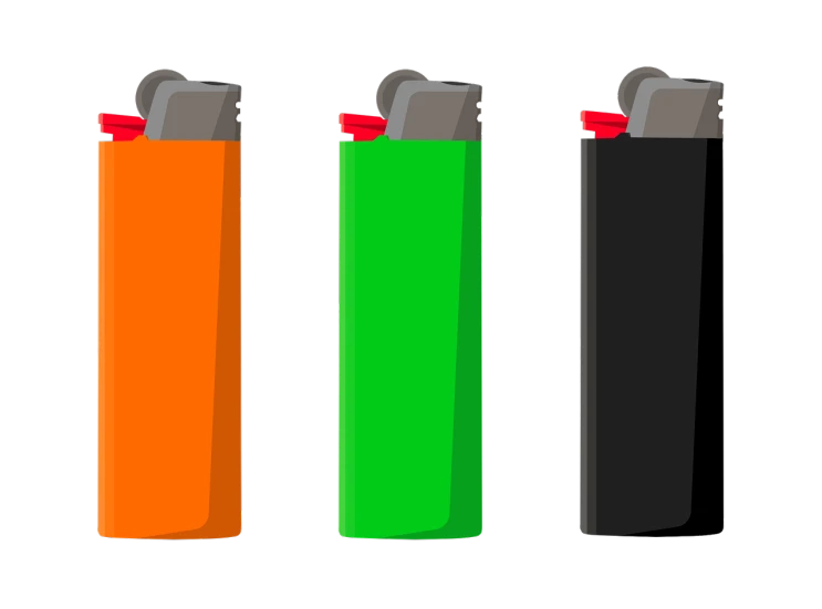 three different colored lighters on a black background, concept art, cartoonish and simplistic, bright green dark orange, 3 doors, garbage