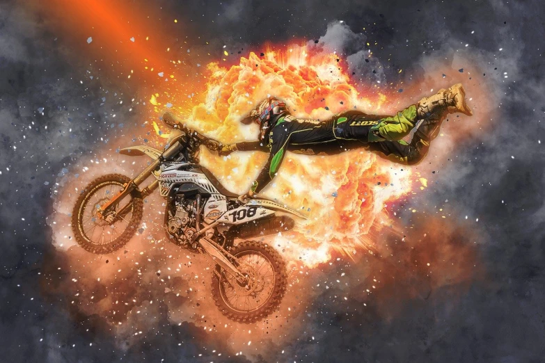 a man flying through the air while riding a dirt bike, an airbrush painting, by Wayne England, shutterstock contest winner, shock art, [explosions and fire], ultra realistic 3d illustration, detailed 2d illustration, details