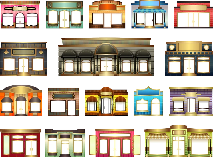 a bunch of different colored buildings on a white background, an illustration of, shutterstock, art nouveau, shuttered mall store, luxury item showcase, golden, window