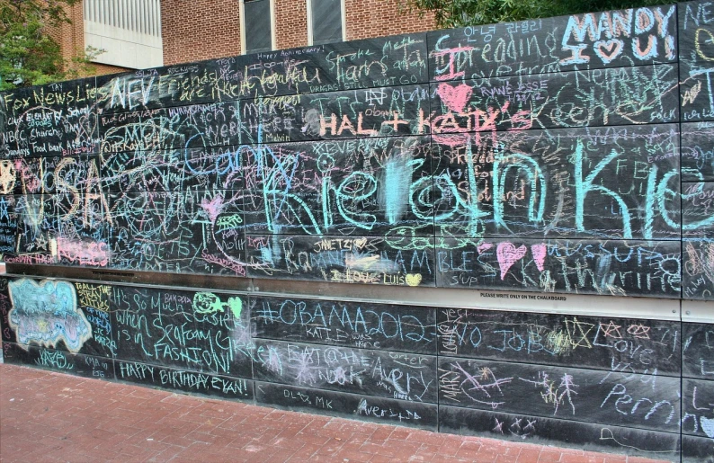 a bunch of writing on the side of a building, chalk art, flickr, washington dc, halation, untethered stelae, k