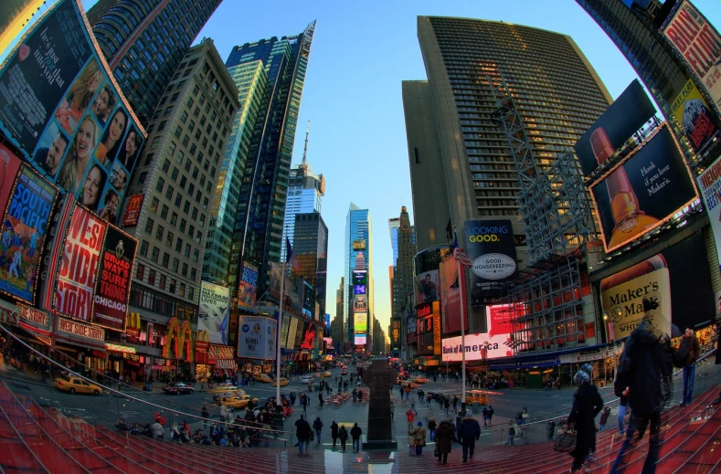 a group of people walking down a street next to tall buildings, a picture, by Jon Coffelt, flickr, standing in time square, epic scale fisheye view, at sunset, panoramic shot